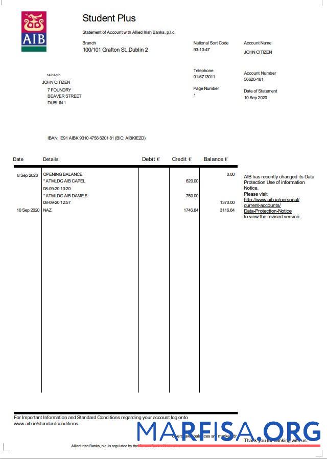 Downloadable Ireland AIB bank statement word example